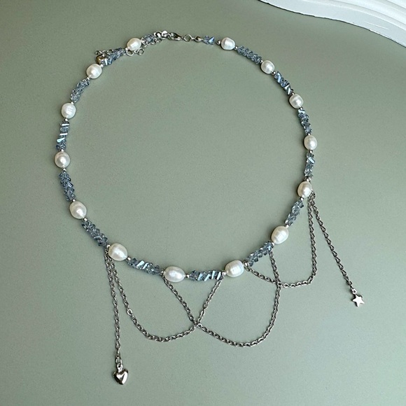 Trendy Pearl & Blue Crystal Necklace with Silver Chains and Cute Charms - Picture 5 of 5